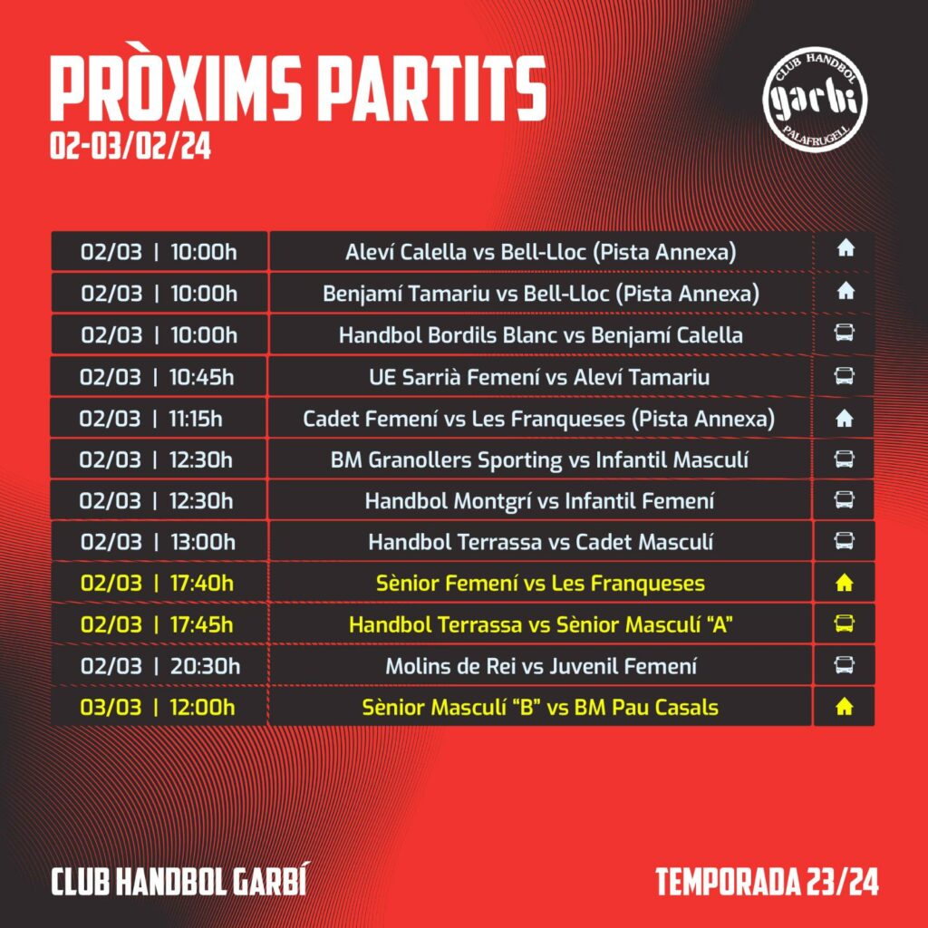Partits del Club Handbol Garbí el 2 i 3 de març