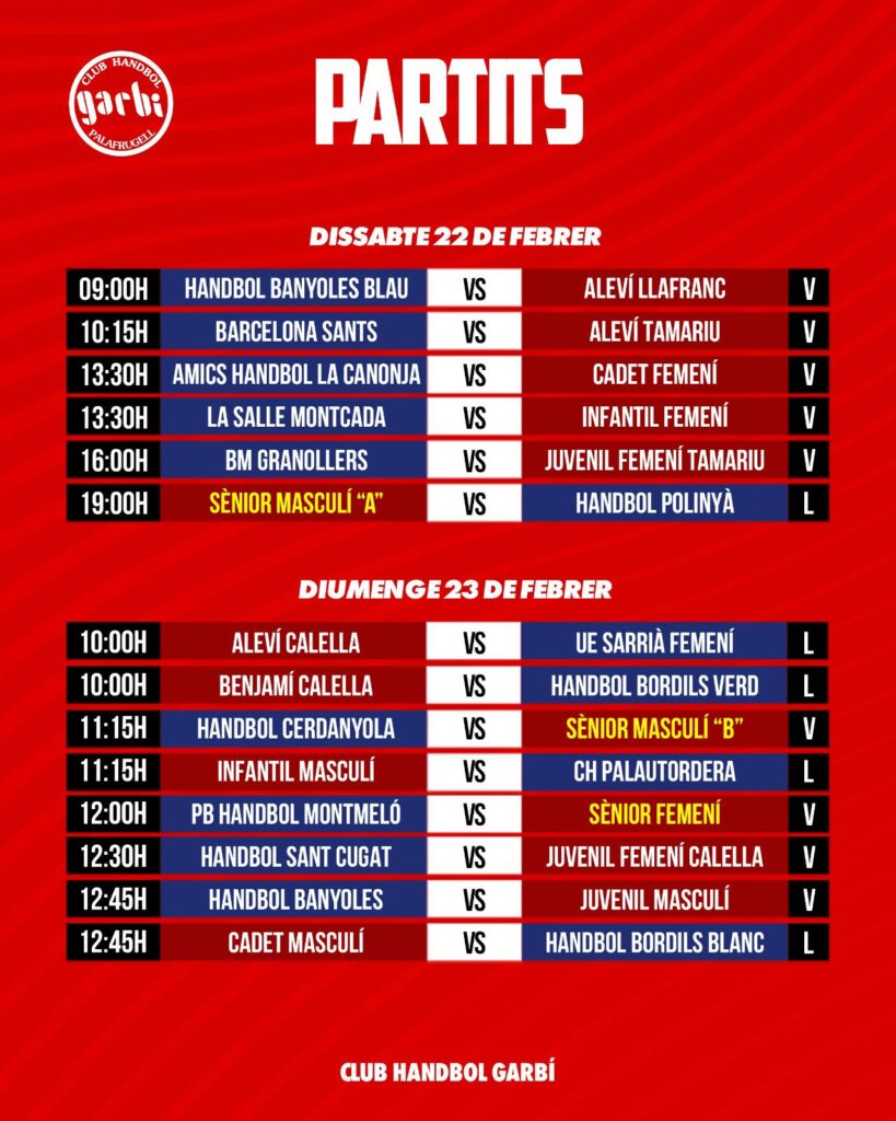 Partits del Club Handbol Garbí el 22 i 23 de febrer