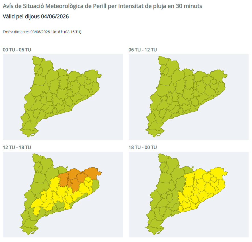 Avisos d'intensitat de pluja del 4 de juny de 2026